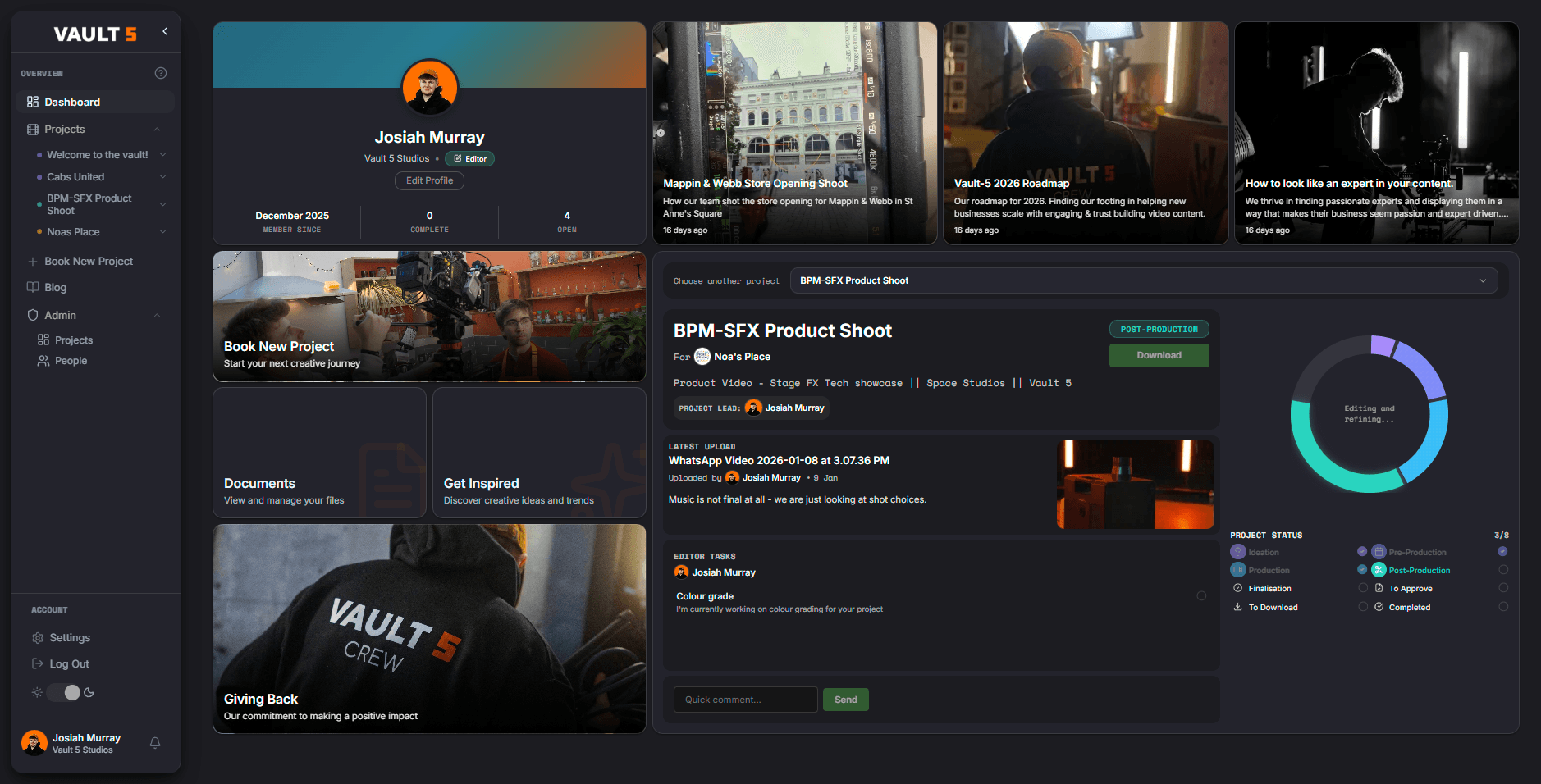 Vault 5 dashboard – project management interface